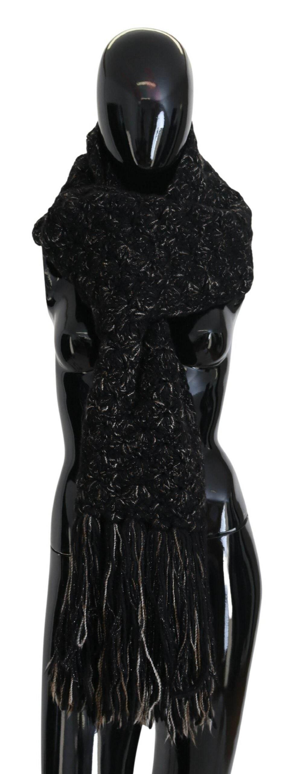 Dolce & Gabbana Black Wool Knitted Wrap Foulard Fringe Scarf - Hilstor