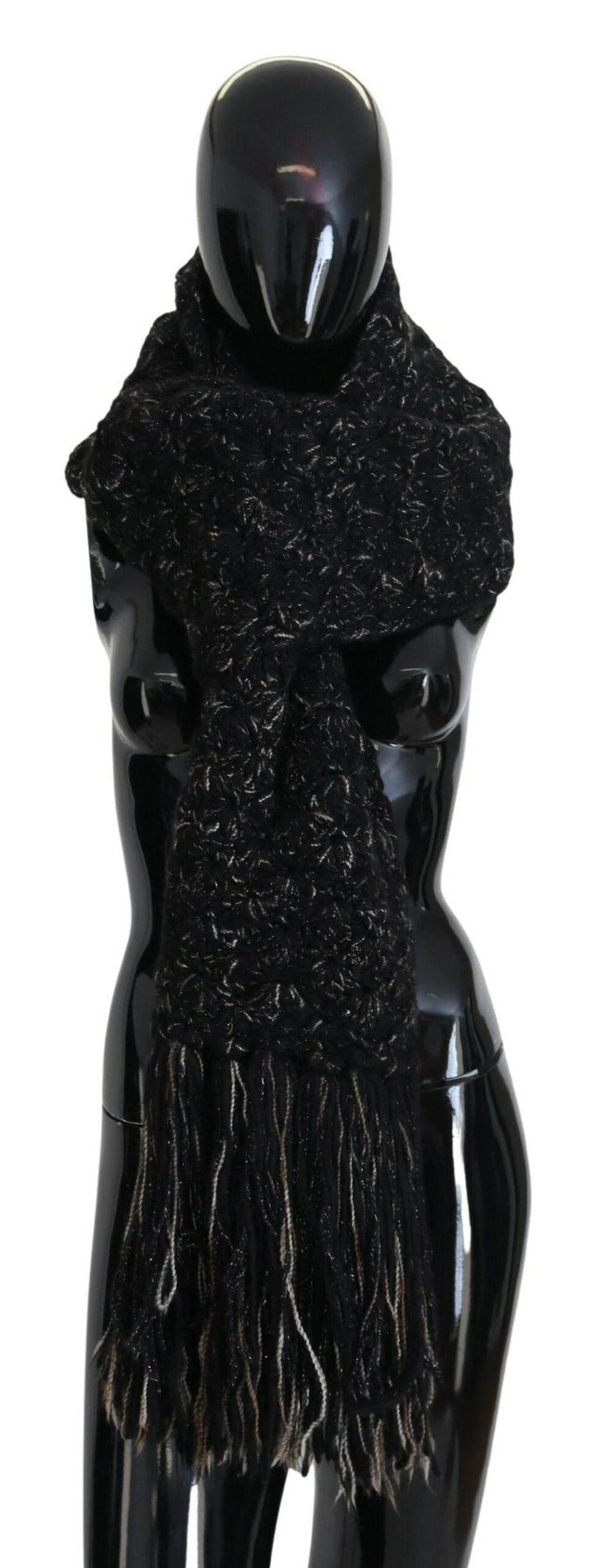Dolce & Gabbana Black Wool Knitted Wrap Foulard Fringe Scarf - Hilstor