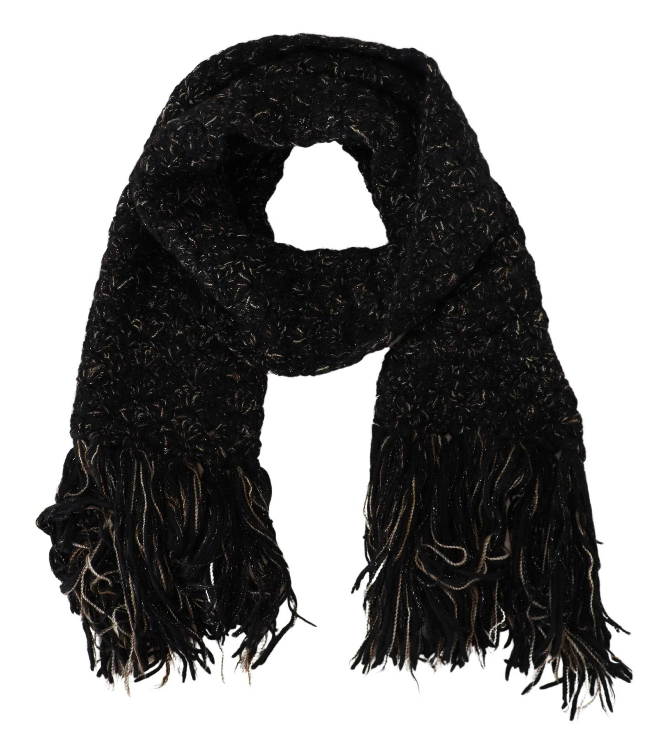 Dolce & Gabbana Black Wool Knitted Wrap Foulard Fringe Scarf - Hilstor