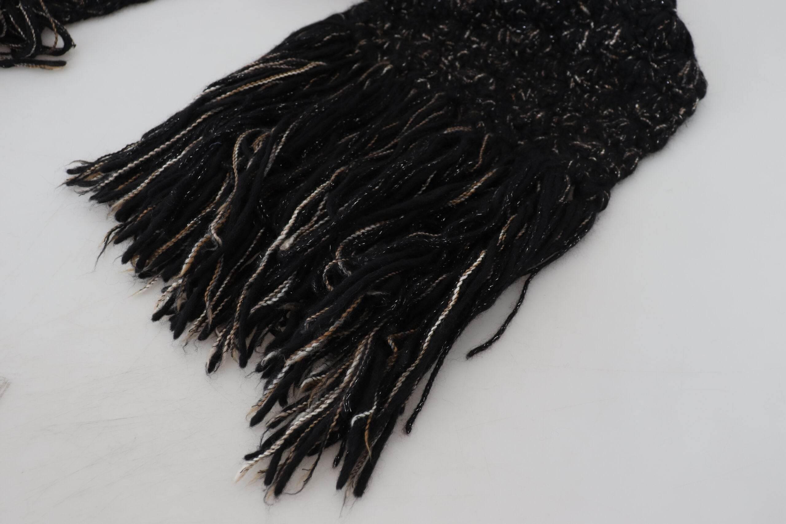 Dolce & Gabbana Black Wool Knitted Wrap Foulard Fringe Scarf - Hilstor