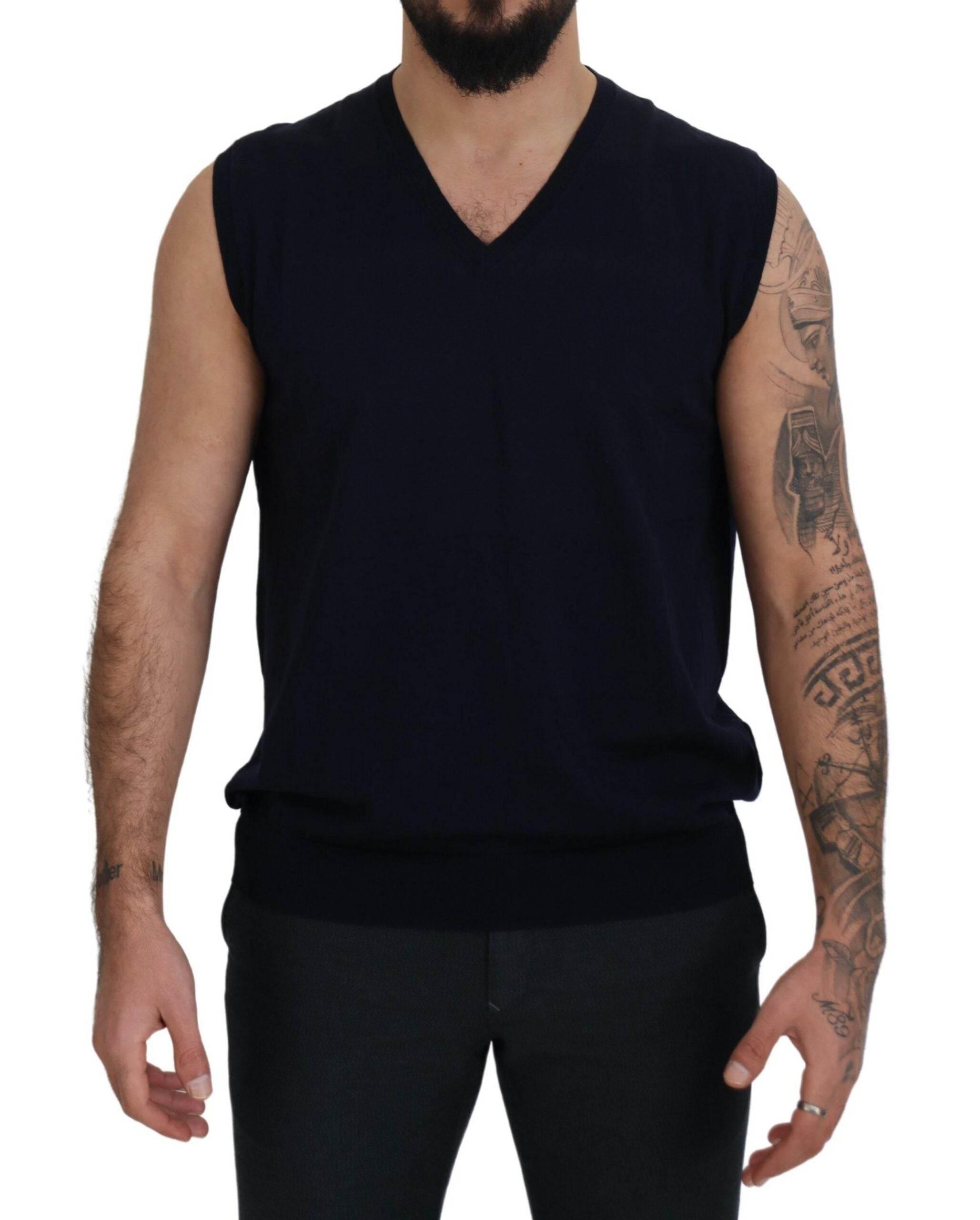 Paolo Pecora Milano Black Cotton V-neck Sleeveless Tank T-shirt - Hilstor
