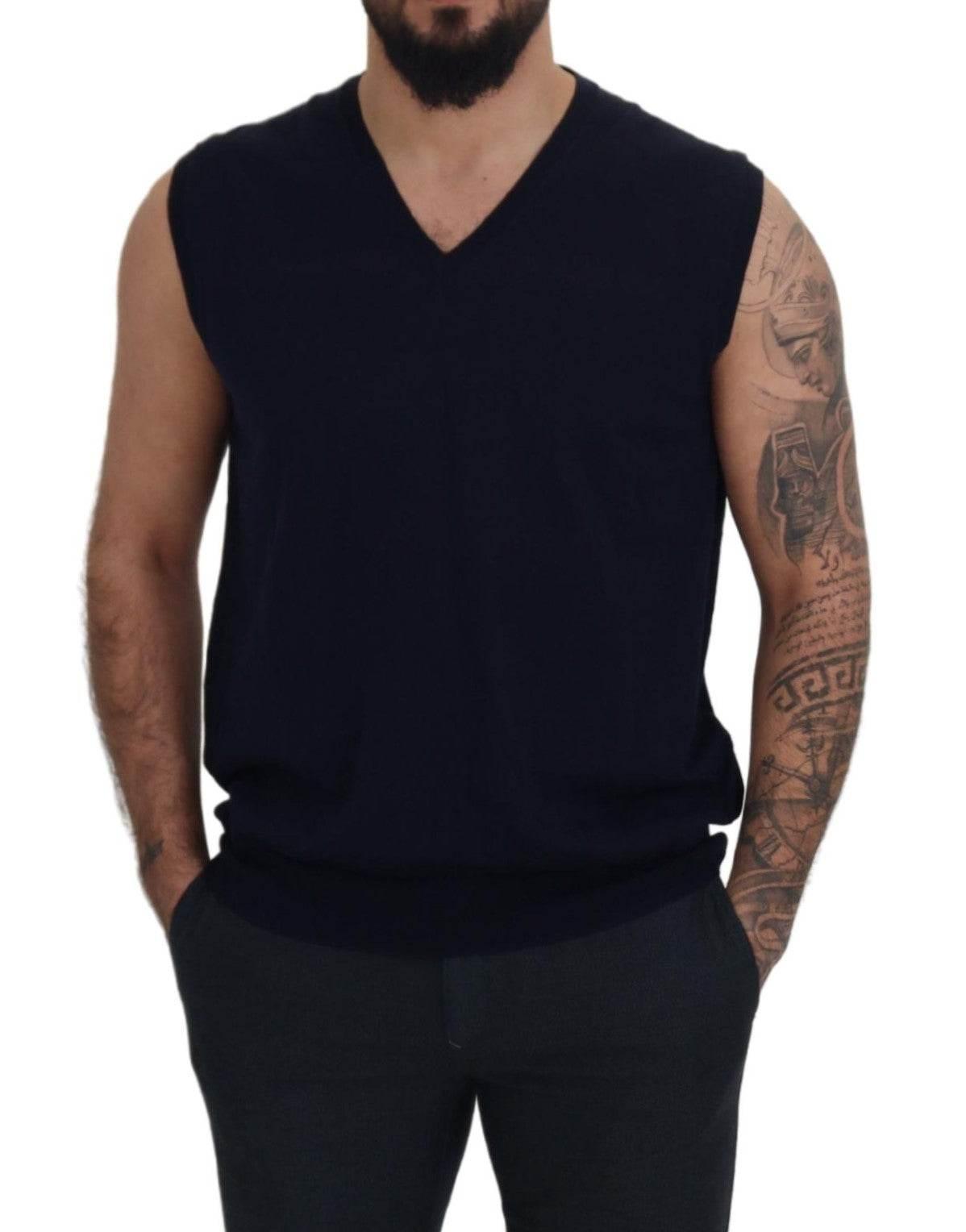 Paolo Pecora Milano Black Cotton V-neck Sleeveless Tank T-shirt - Hilstor