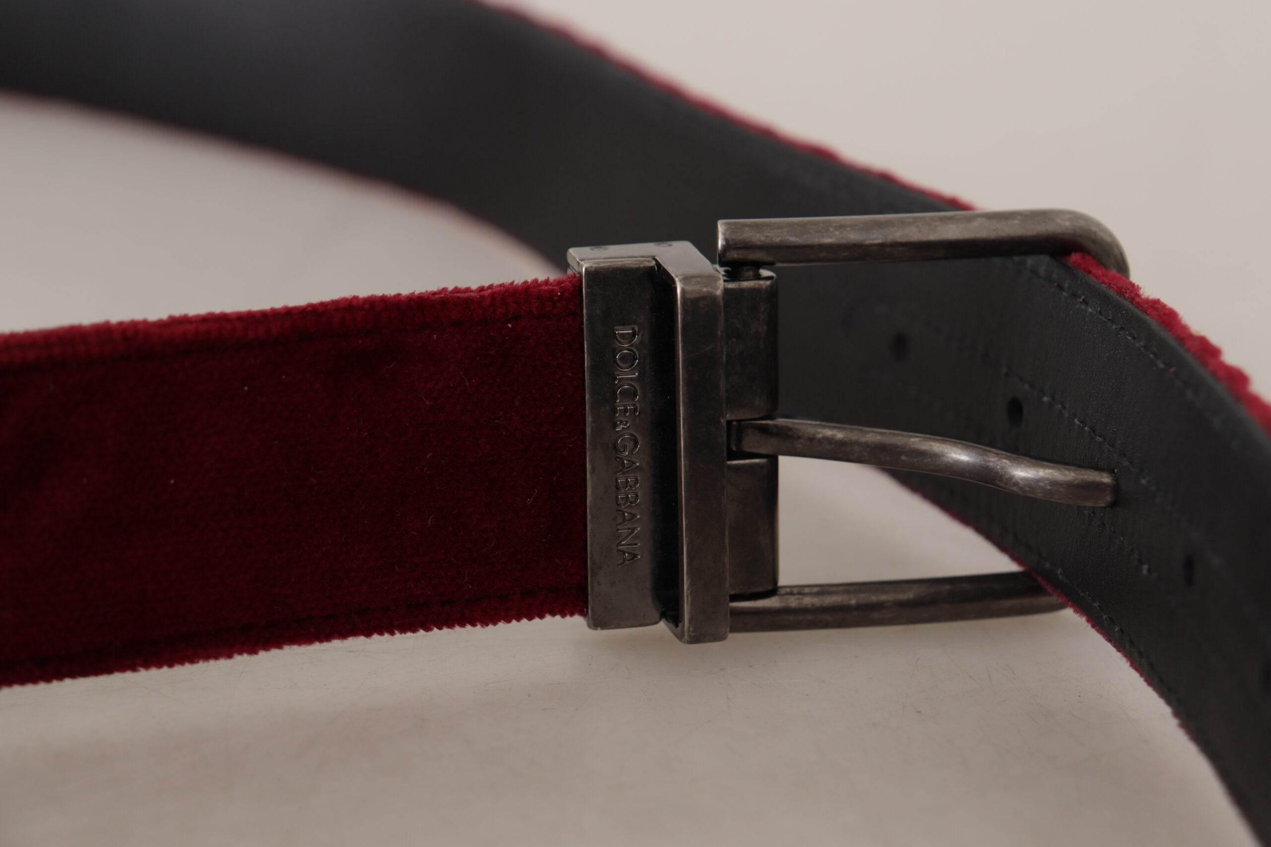 Dolce & Gabbana Maroon Velvet Leather Wide Vintage Metal Buckle Belt - Hilstor