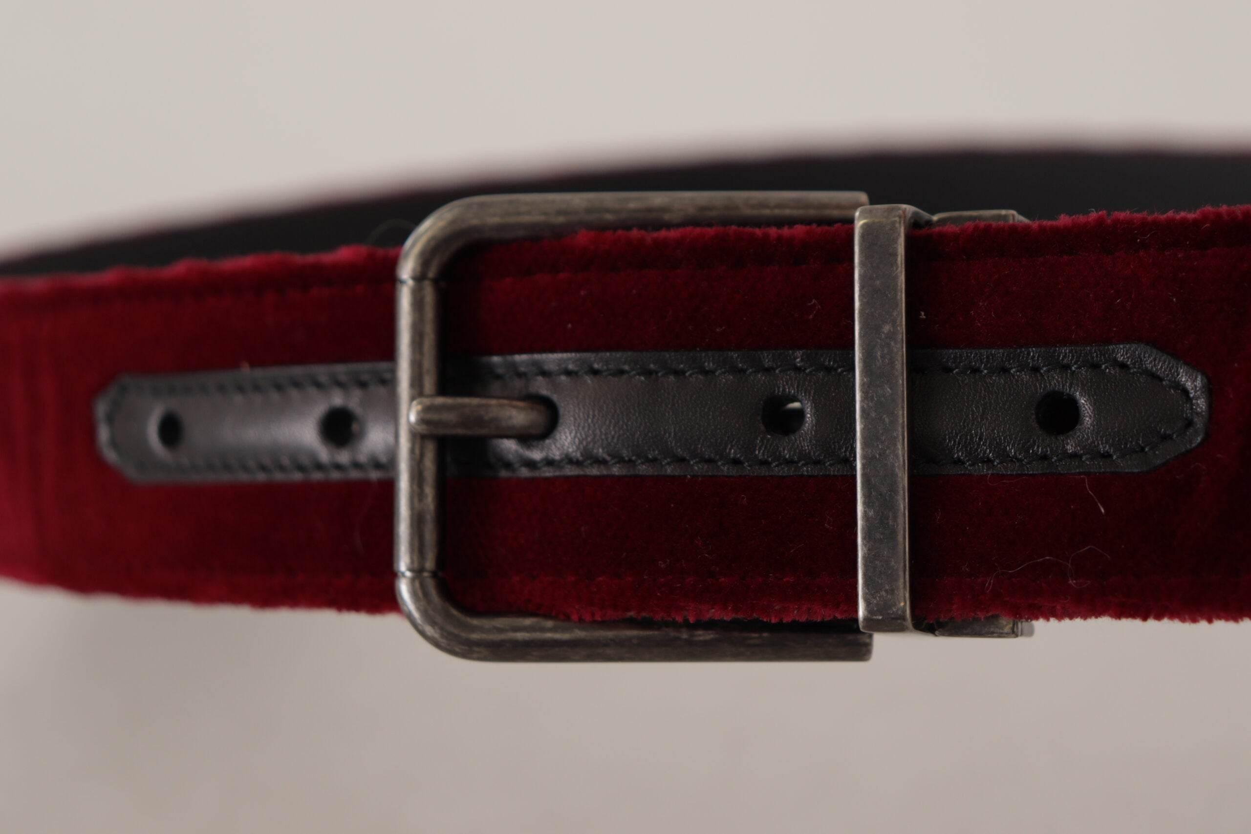 Dolce & Gabbana Maroon Velvet Leather Wide Vintage Metal Buckle Belt - Hilstor
