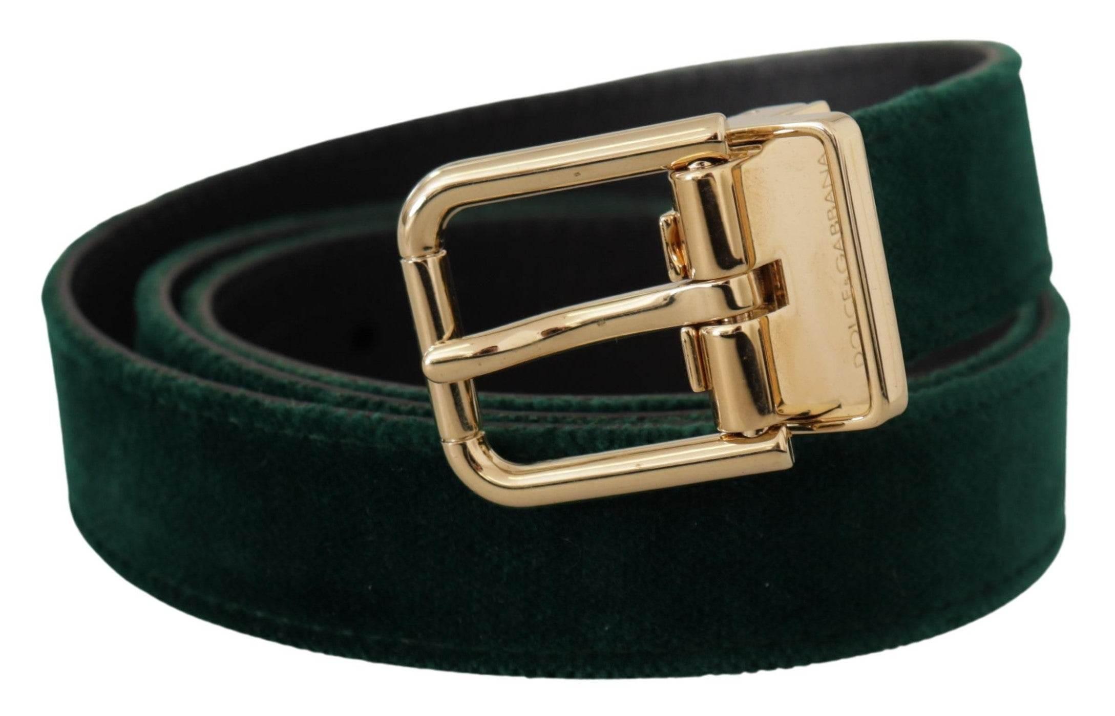 Dolce & Gabbana Green Velvet Leather Gold Metal Logo Belt - Hilstor
