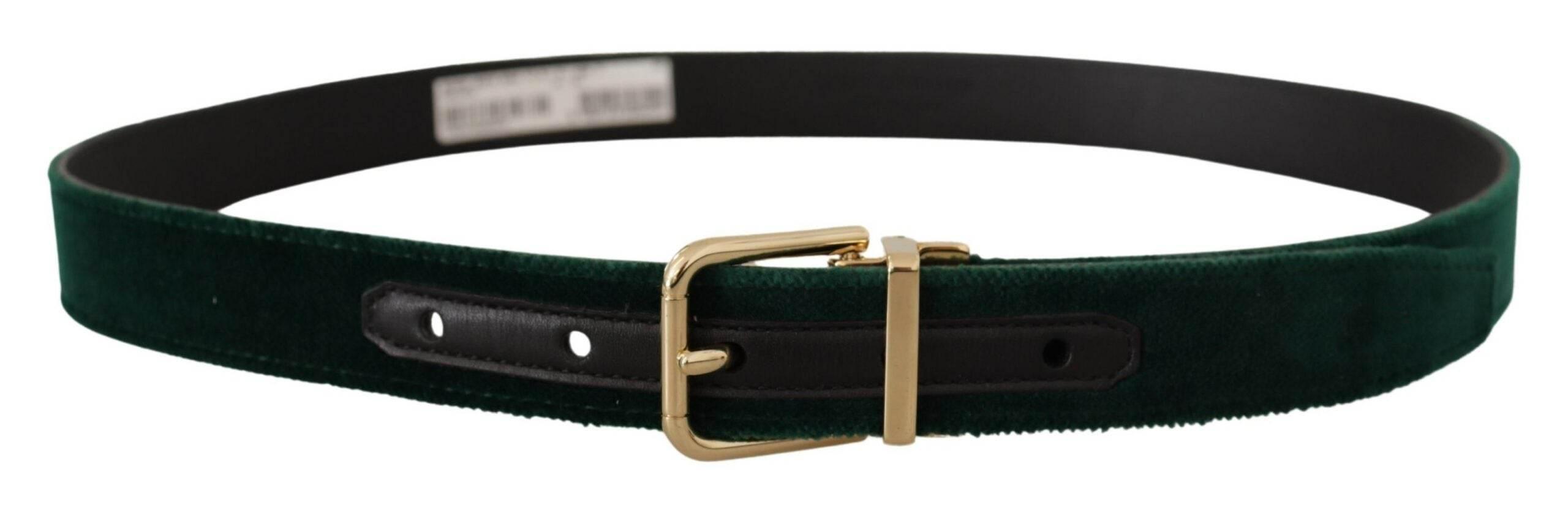Dolce & Gabbana Green Velvet Leather Gold Metal Logo Belt - Hilstor