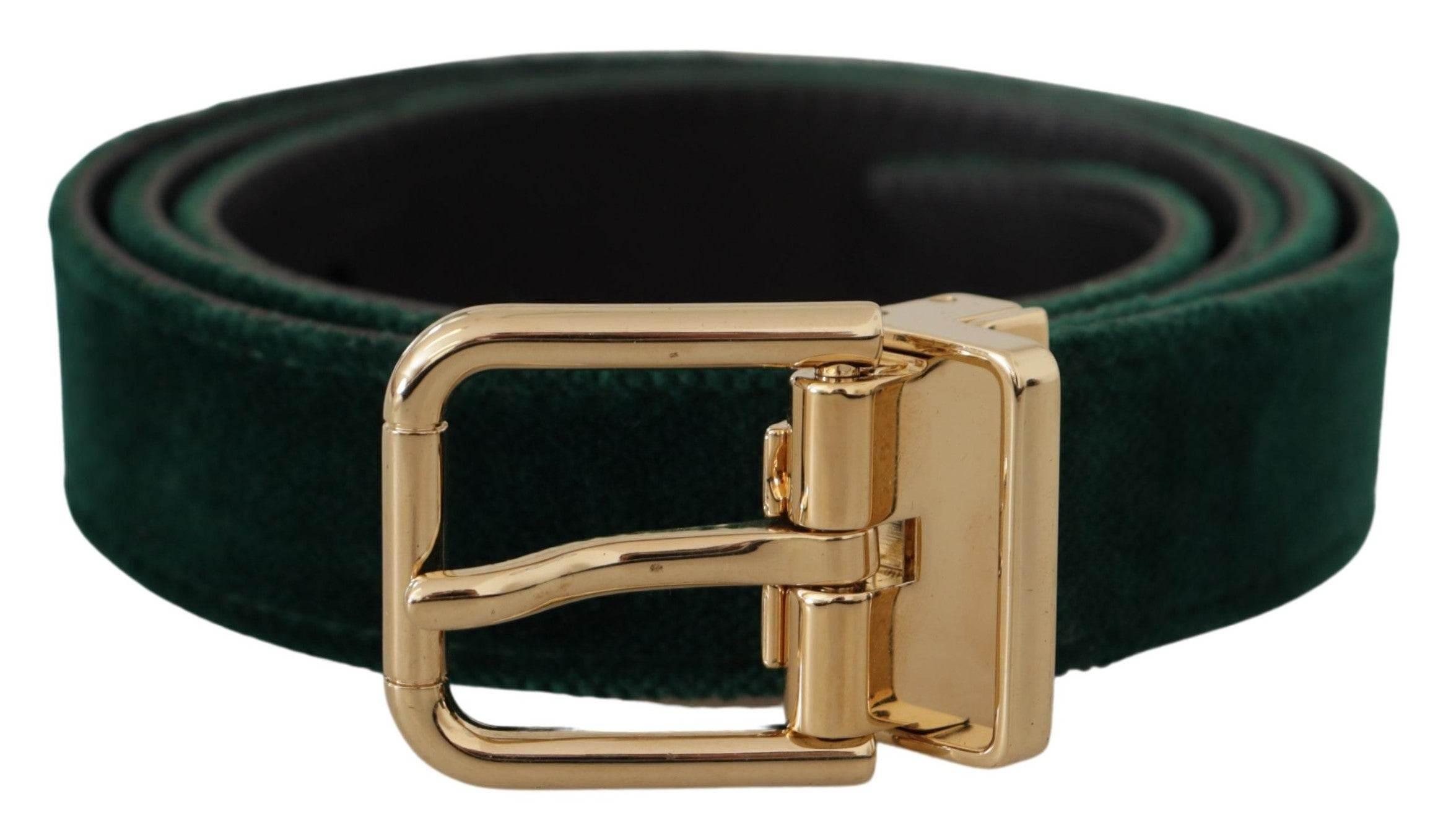 Dolce & Gabbana Green Velvet Leather Gold Metal Logo Belt - Hilstor