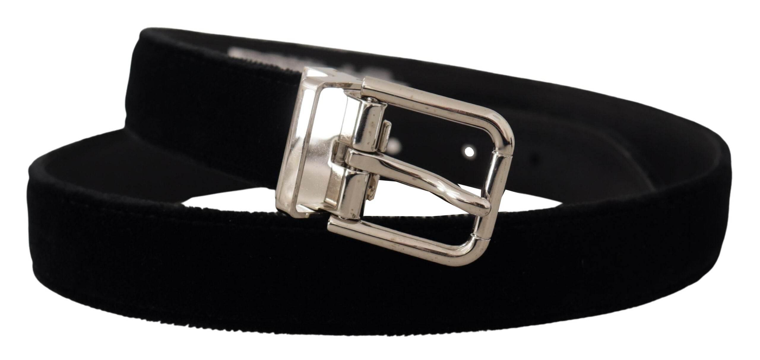 Dolce & Gabbana Black Velvet Silver Tone Metal Logo Buckle Belt - Hilstor