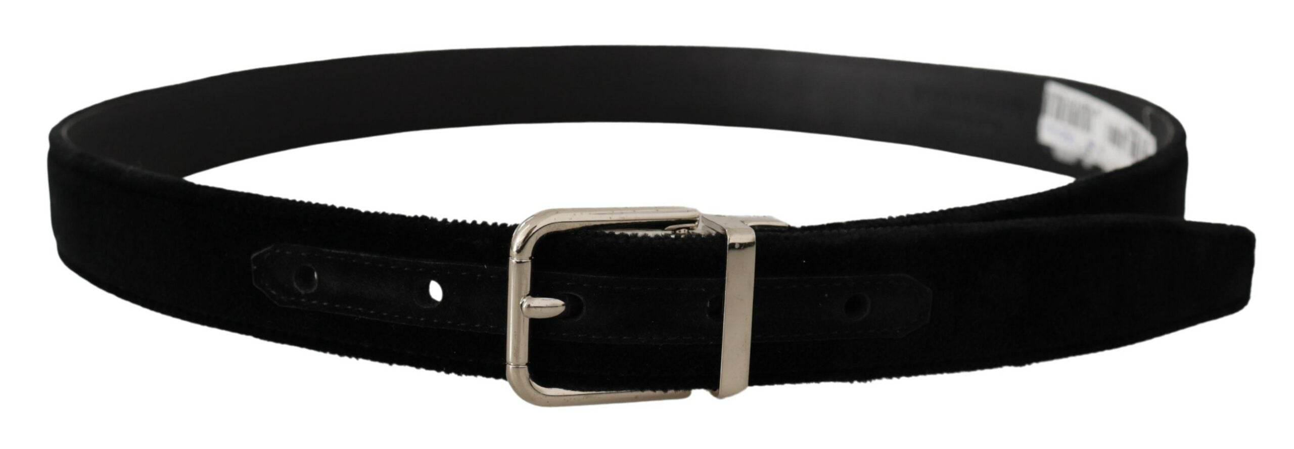 Dolce & Gabbana Black Velvet Silver Tone Metal Logo Buckle Belt - Hilstor