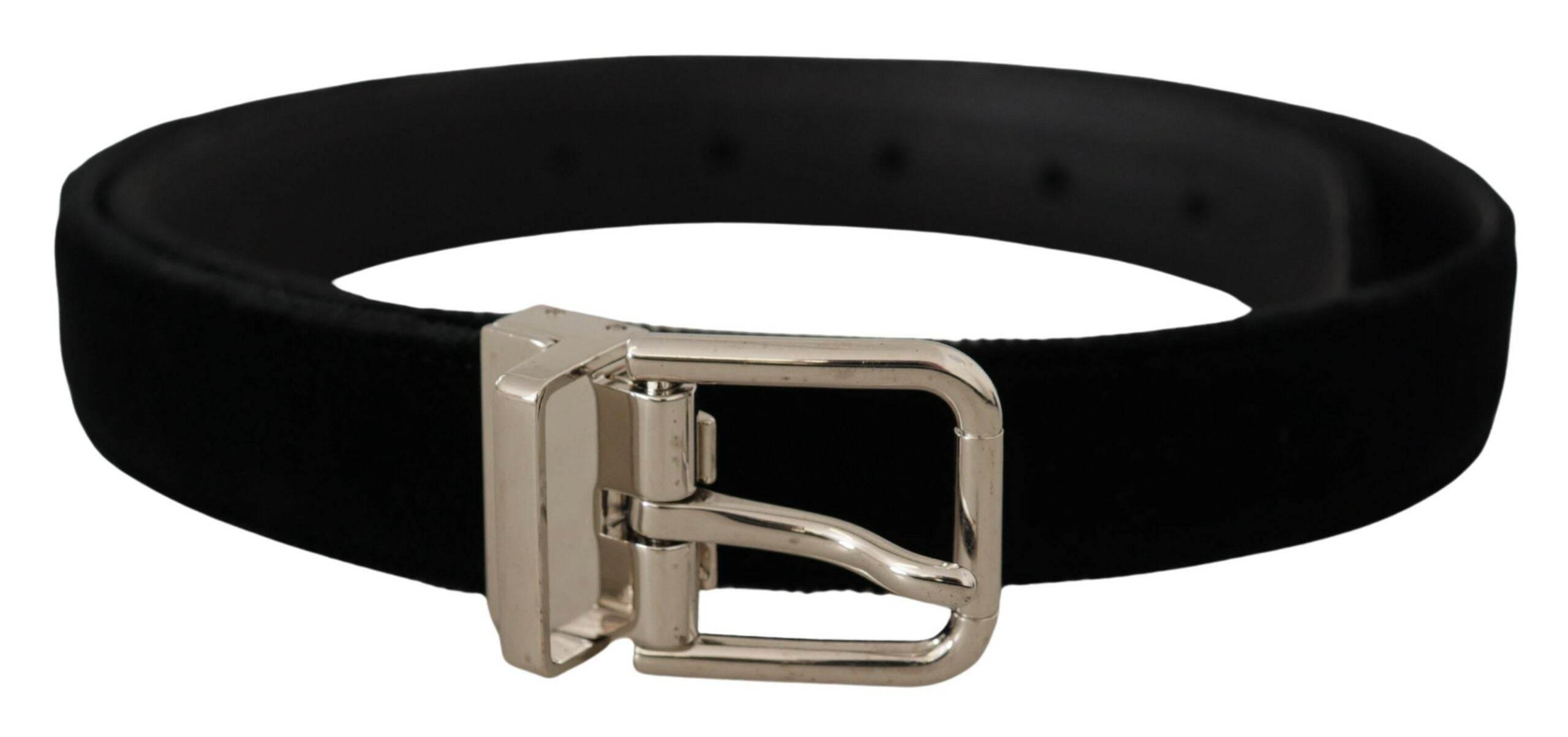Dolce & Gabbana Black Velvet Silver Tone Metal Logo Buckle Belt - Hilstor