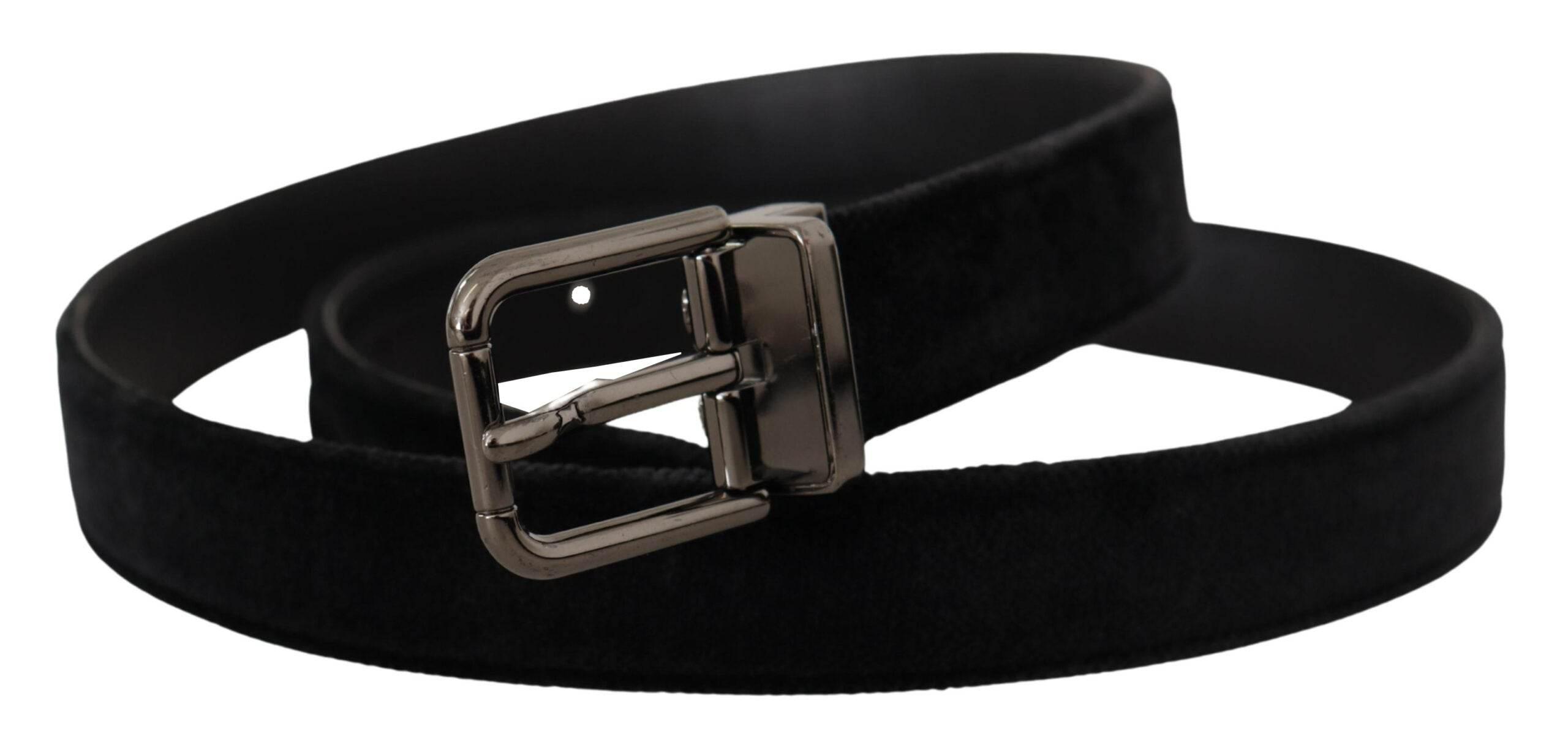 Dolce & Gabbana Black Velvet Silver Tone Logo Metal Buckle Belt - Hilstor