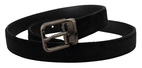 Dolce & Gabbana Black Velvet Silver Tone Logo Metal Buckle Belt - Hilstor