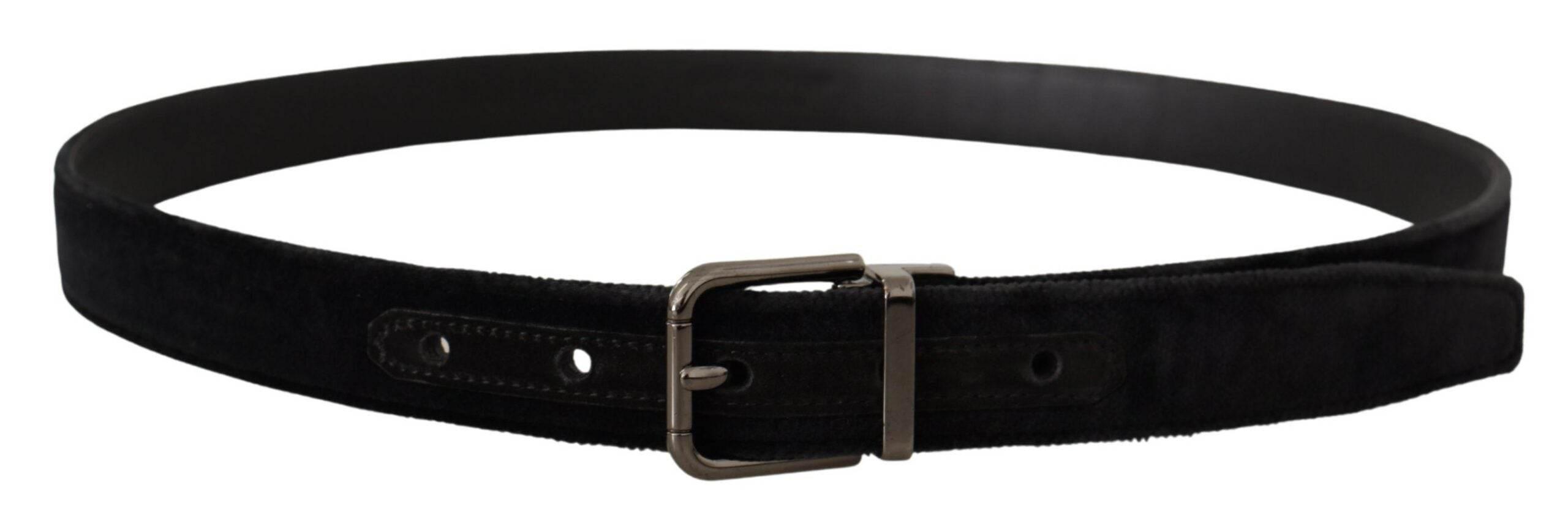 Dolce & Gabbana Black Velvet Silver Tone Logo Metal Buckle Belt - Hilstor