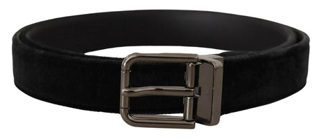 Dolce & Gabbana Black Velvet Silver Tone Logo Metal Buckle Belt - Hilstor