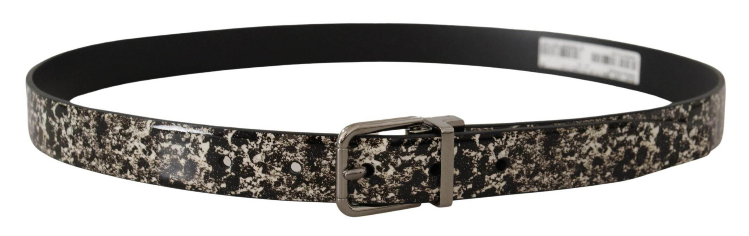 Dolce & Gabbana Black Marble Print Leather Silver Logo Buckle Belt - Hilstor