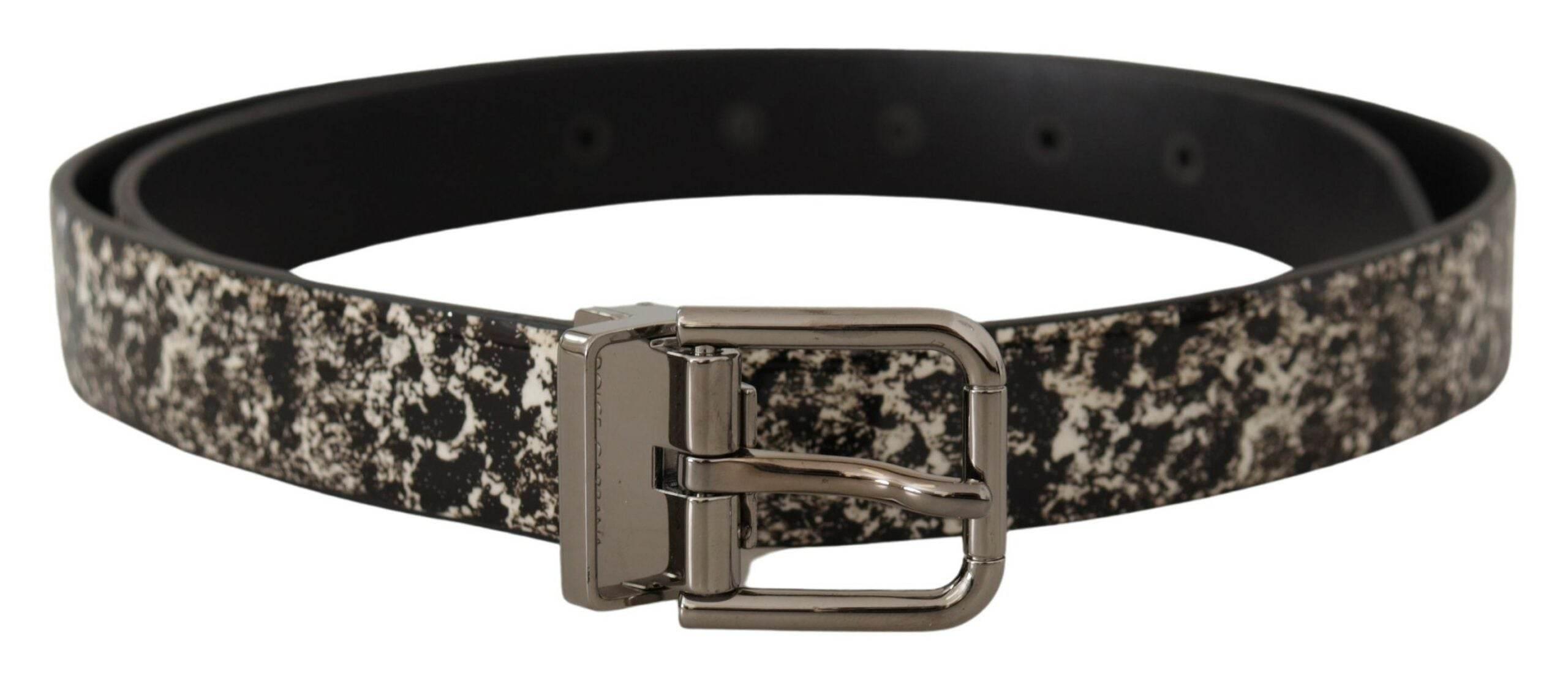 Dolce & Gabbana Black Marble Print Leather Silver Logo Buckle Belt - Hilstor