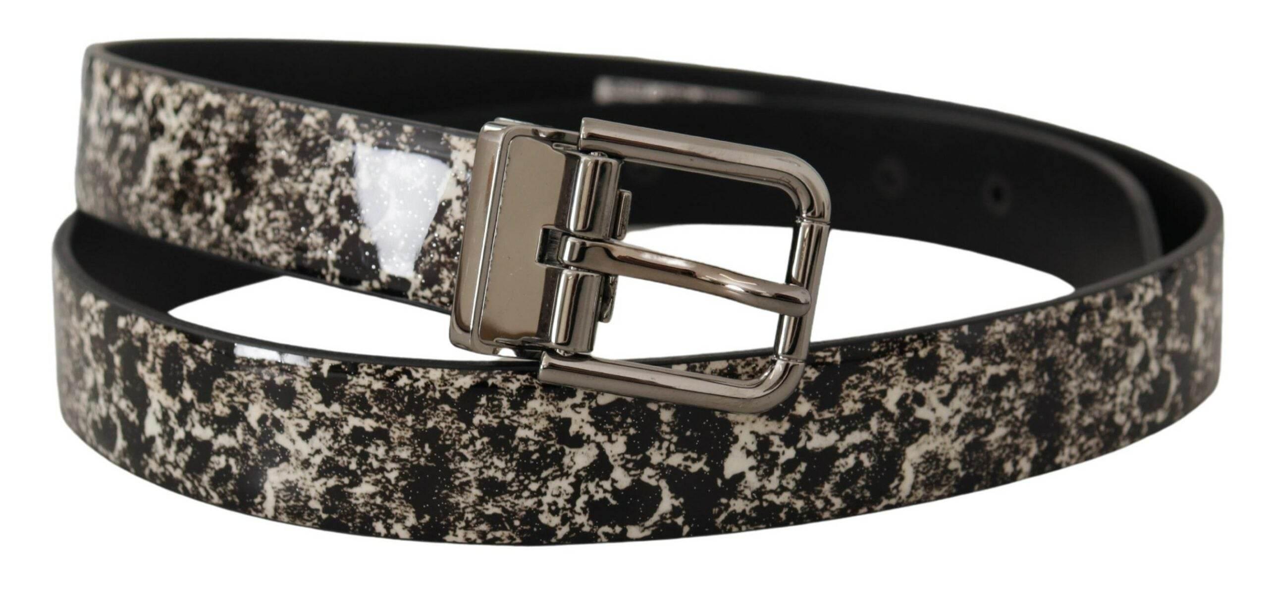 Dolce & Gabbana Black Marble Print Leather Silver Logo Buckle Belt - Hilstor