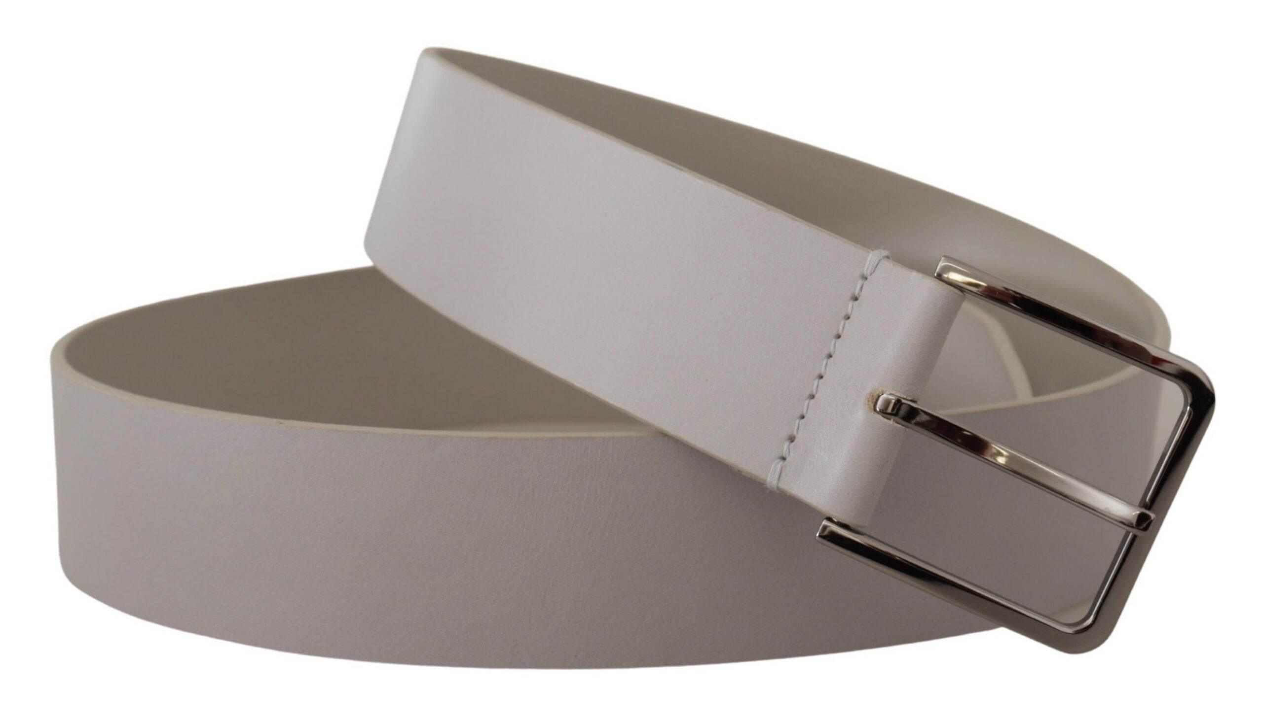 Dolce & Gabbana White Leather Wide Silver Metal Buckle Belt - Hilstor