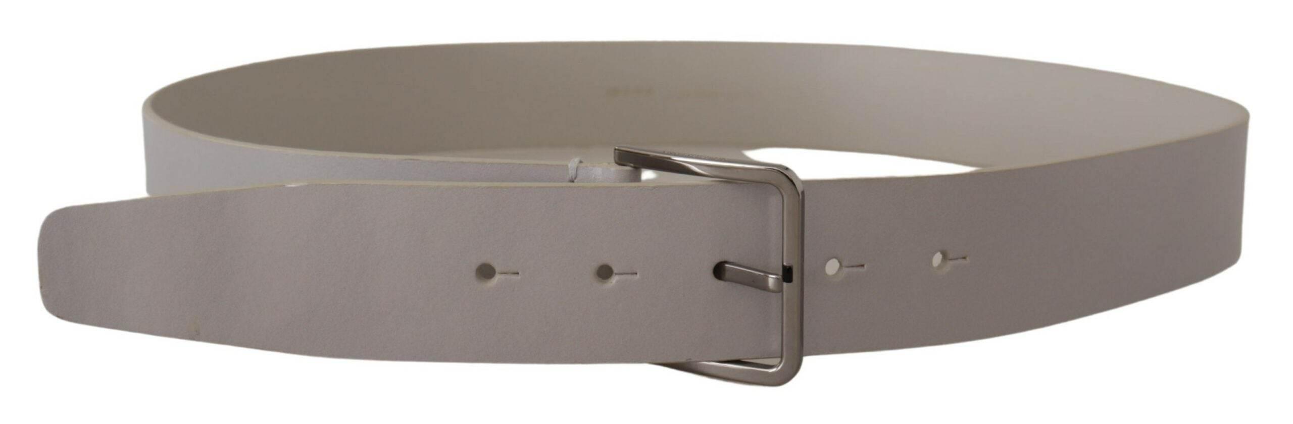 Dolce & Gabbana White Leather Wide Silver Metal Buckle Belt - Hilstor