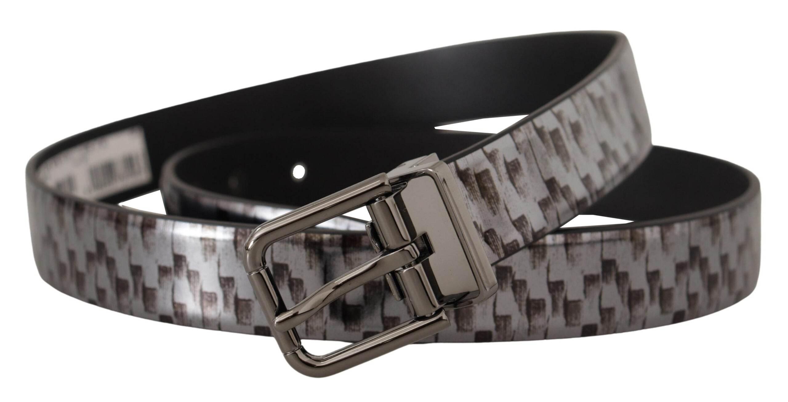 Dolce & Gabbana Gray Herringbone Leather Gray 3D Metal Buckle Belt - Hilstor