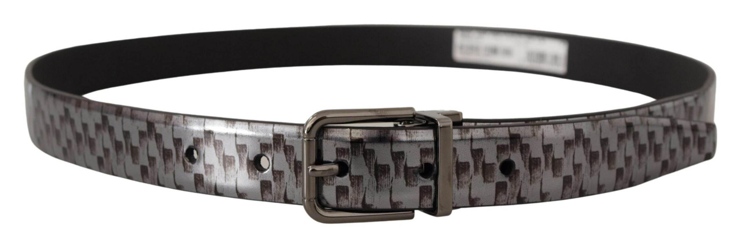 Dolce & Gabbana Gray Herringbone Leather Gray 3D Metal Buckle Belt - Hilstor