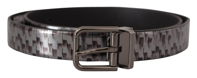 Dolce & Gabbana Gray Herringbone Leather Gray 3D Metal Buckle Belt - Hilstor