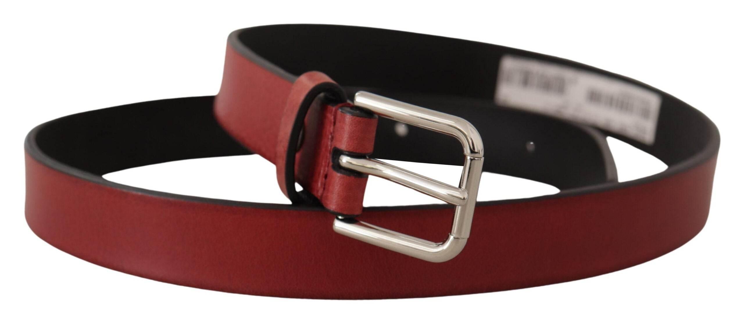 Dolce & Gabbana Maroon Vitello Leather Silver Metal Belt - Hilstor