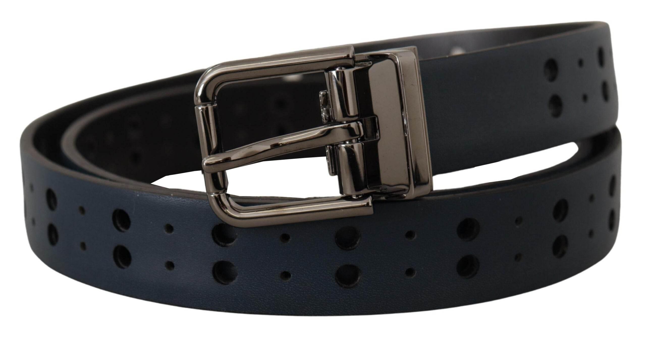 Dolce & Gabbana Blue Perforated Skinny Leather Metal Buckle Belt - Hilstor