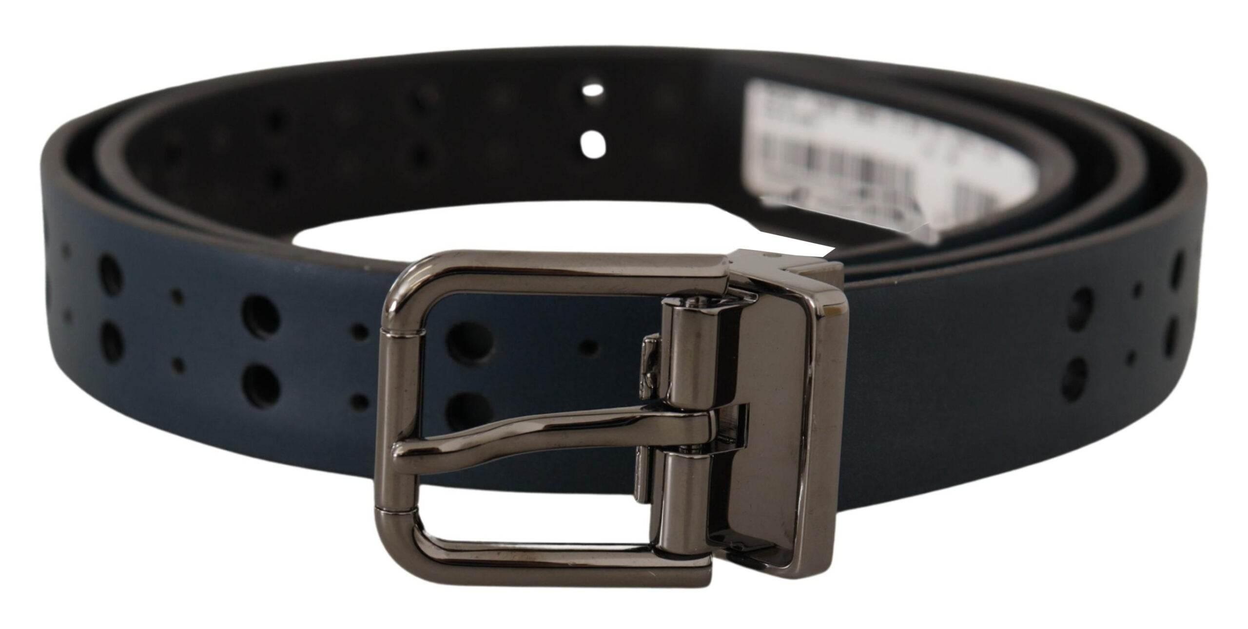 Dolce & Gabbana Blue Perforated Skinny Leather Metal Buckle Belt - Hilstor