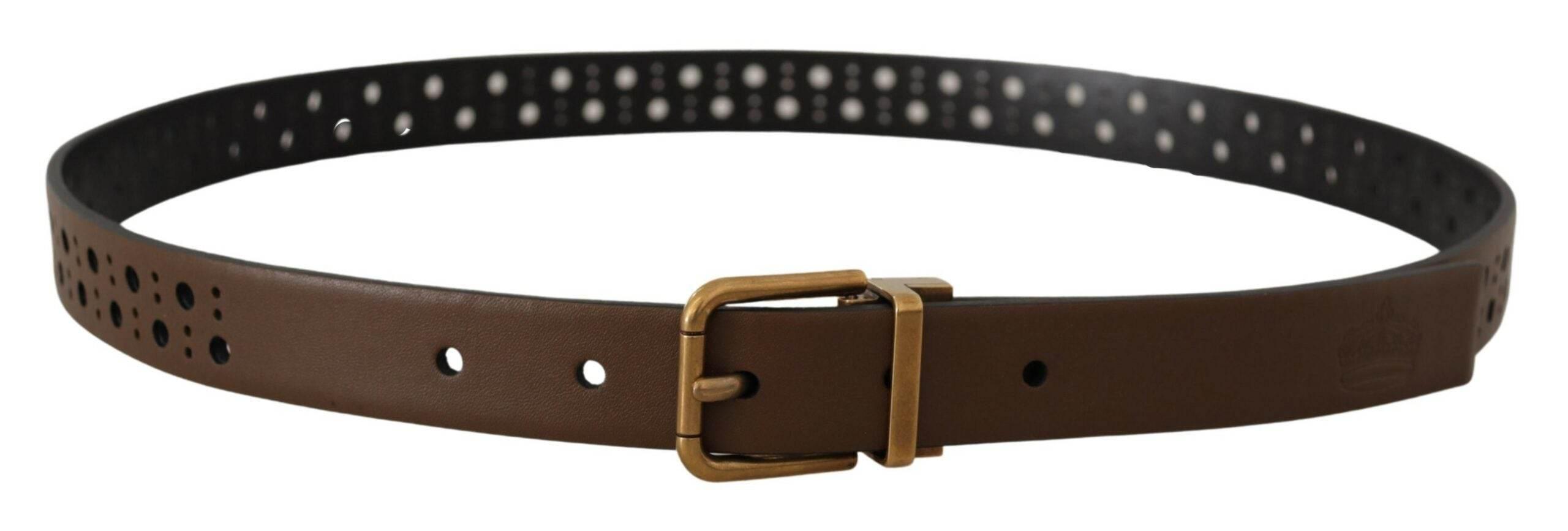 Dolce & Gabbana Brown Leather Perforated Crown Belt - Hilstor