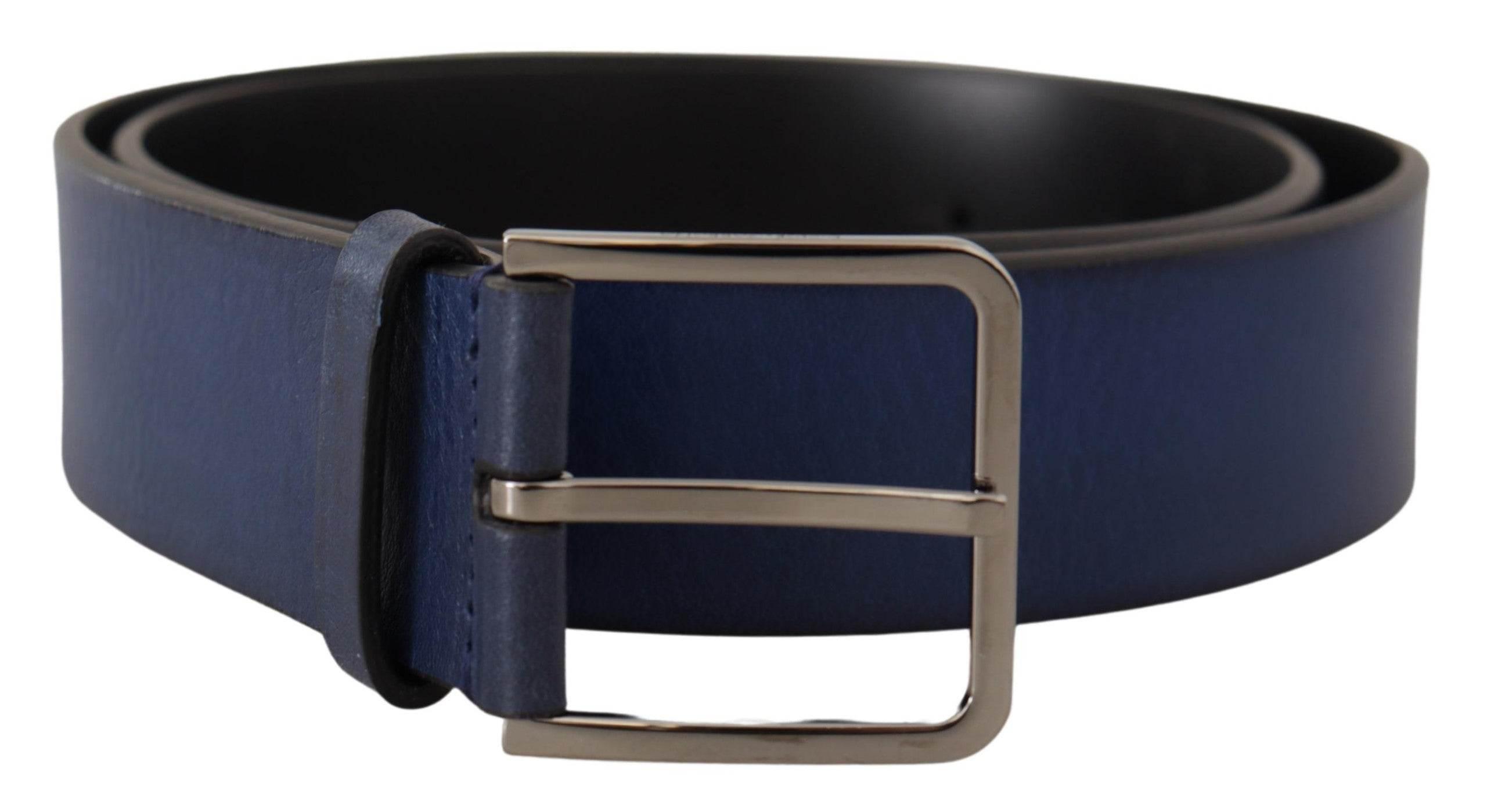 Dolce & Gabbana Blue Calf Leather Silver Metal Buckle Classic Belt - Hilstor