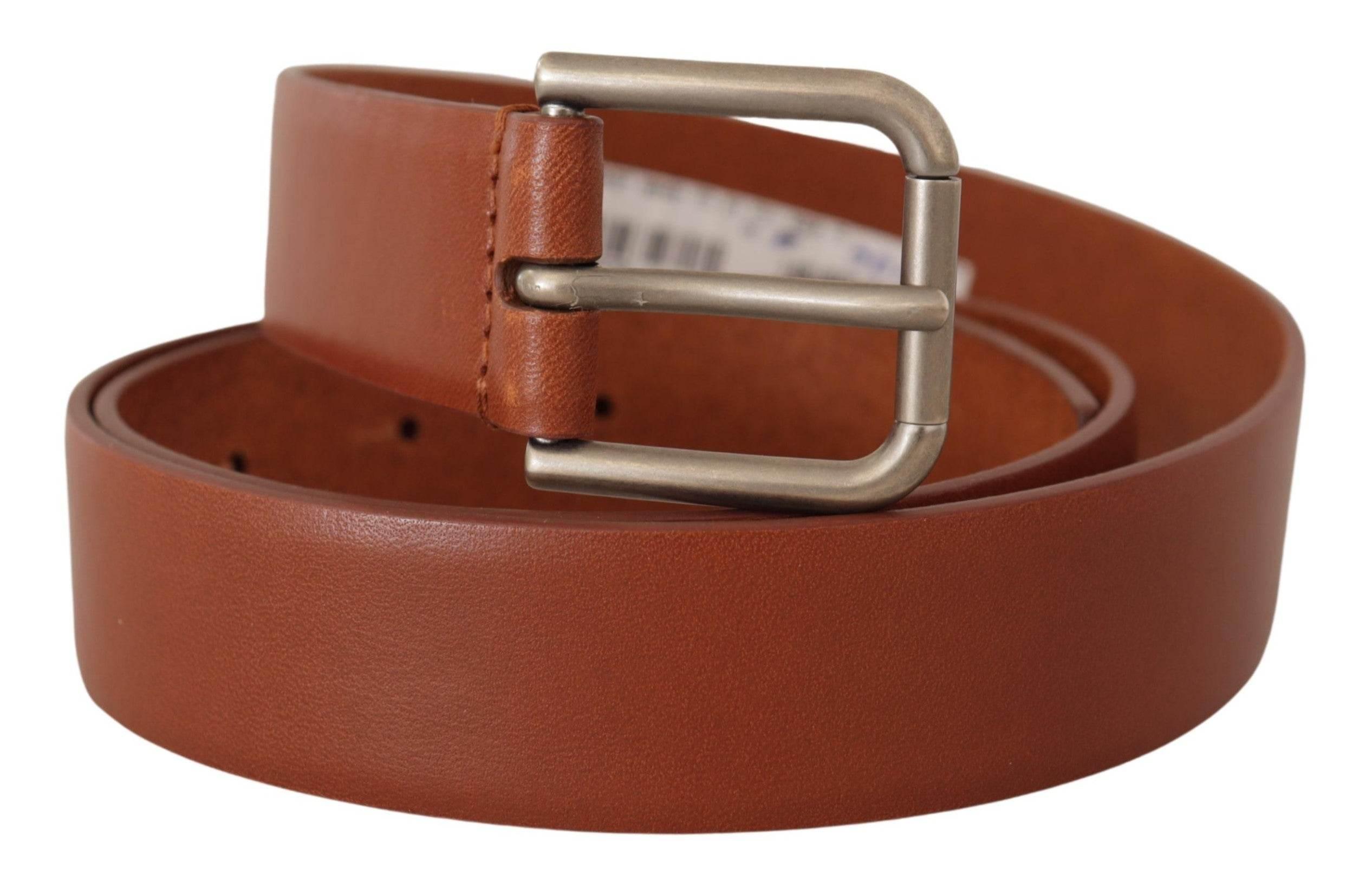 Dolce & Gabbana Brown Calf Leather Silver Tone Metal Buckle Belt - Hilstor