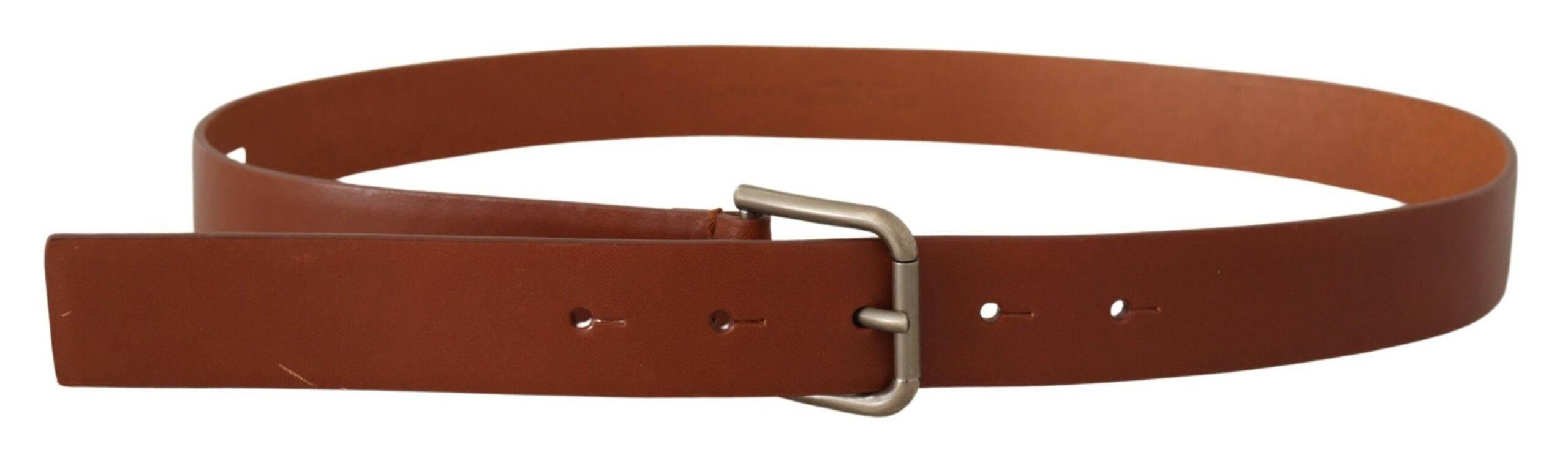Dolce & Gabbana Brown Calf Leather Silver Tone Metal Buckle Belt - Hilstor