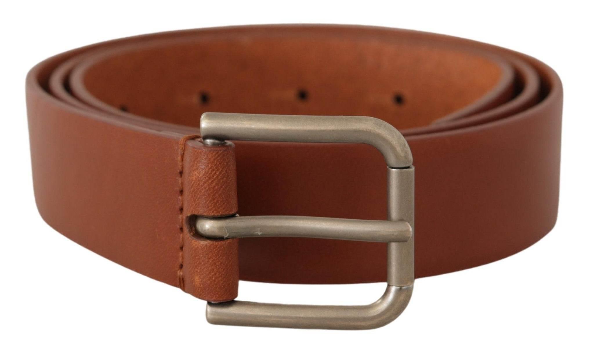 Dolce & Gabbana Brown Calf Leather Silver Tone Metal Buckle Belt - Hilstor