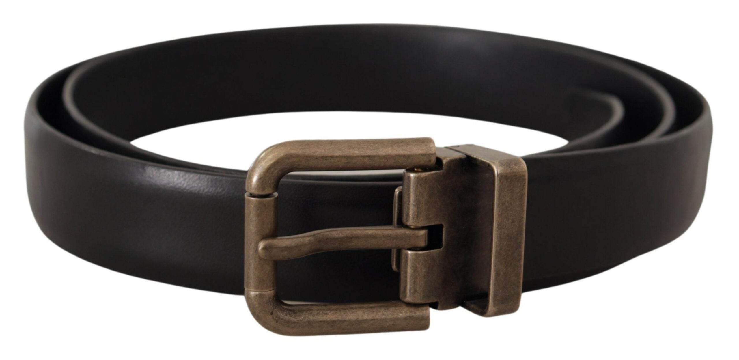 Dolce & Gabbana Black Calf Leather Brushed Brass Box Buckle Belt - Hilstor