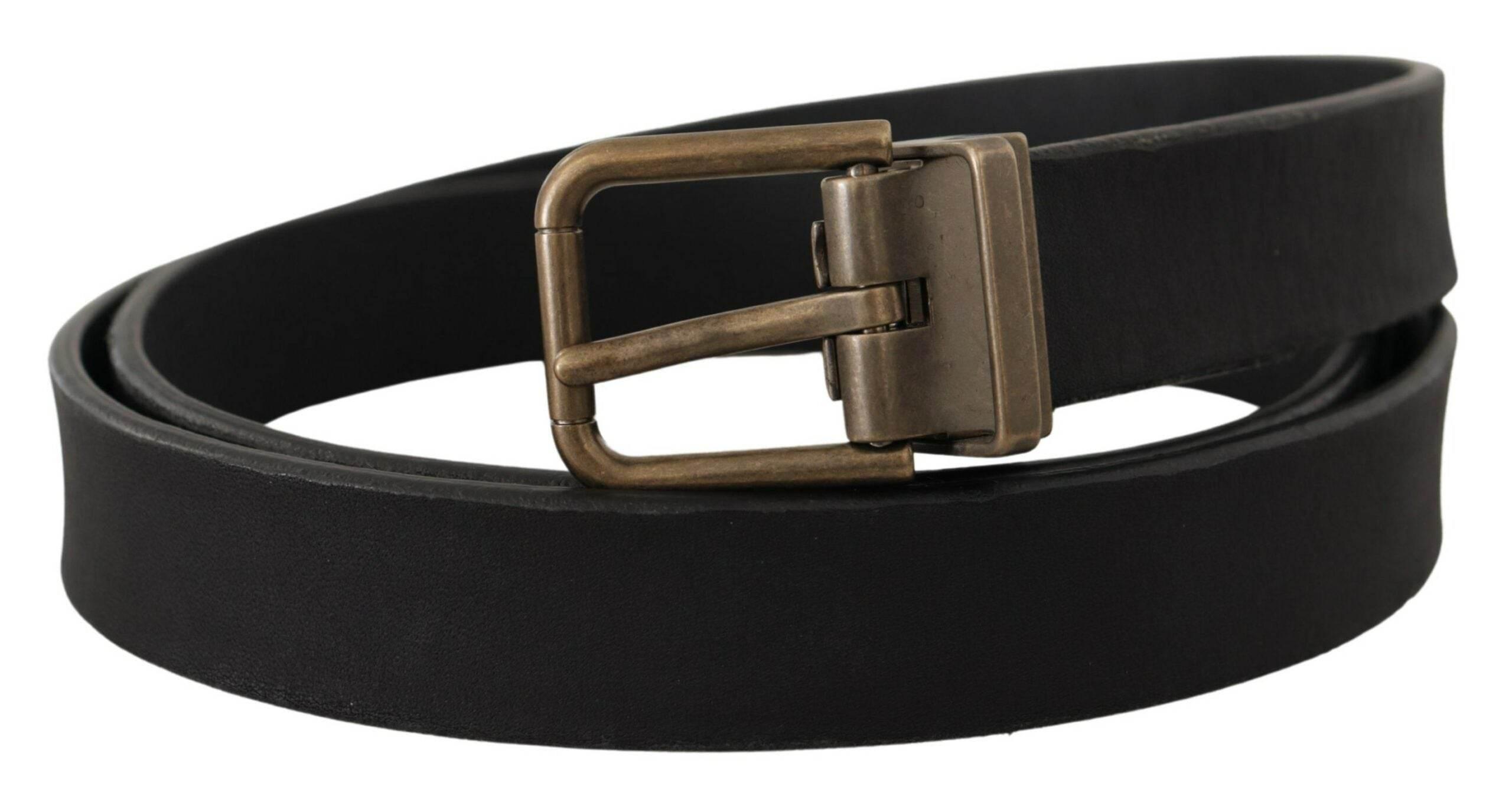 Dolce & Gabbana Black Leather Brass Metal Grain Buckle Classic Belt - Hilstor