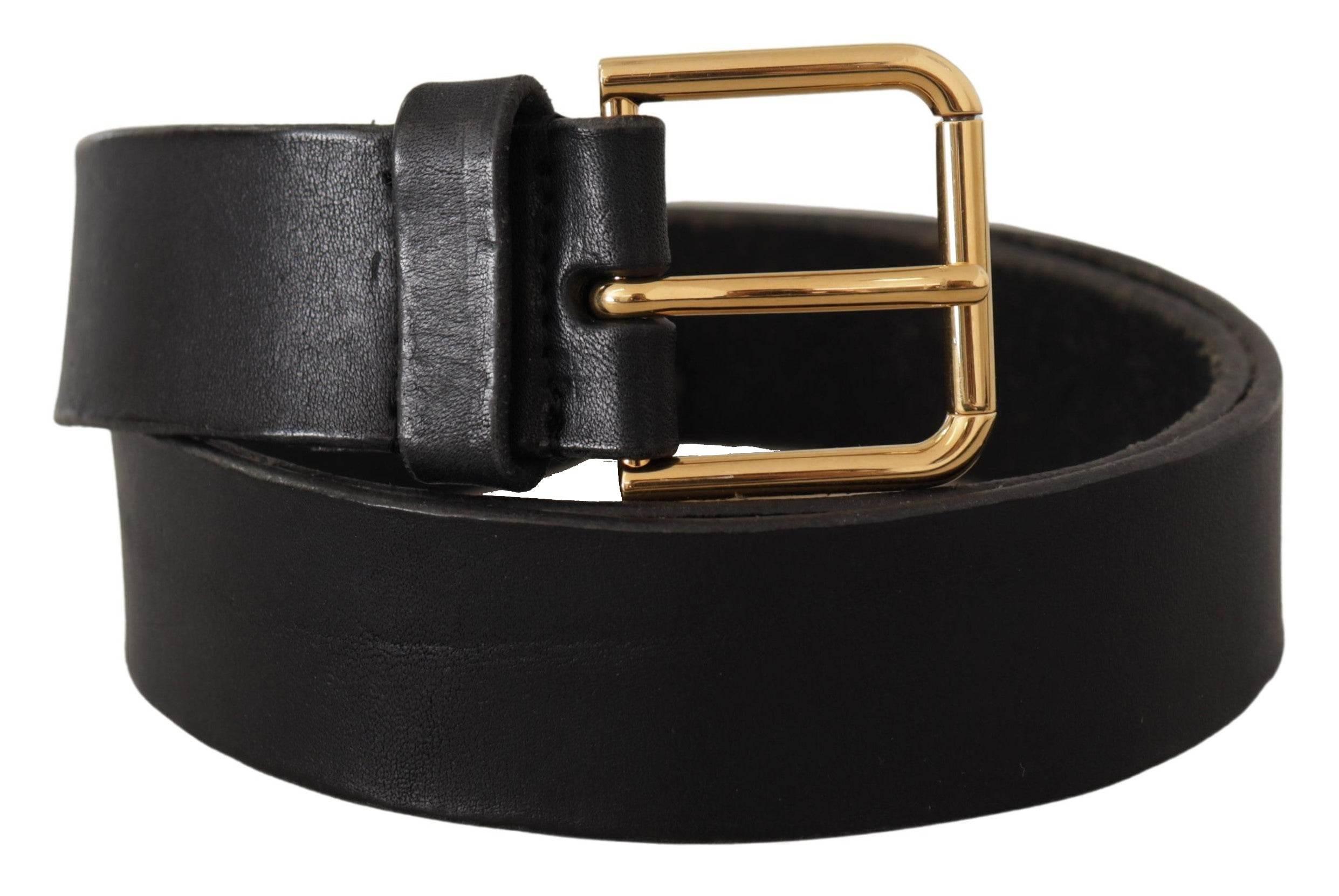 Dolce & Gabbana Black Leather Gold Tone Logo Metal Buckle Belt - Hilstor