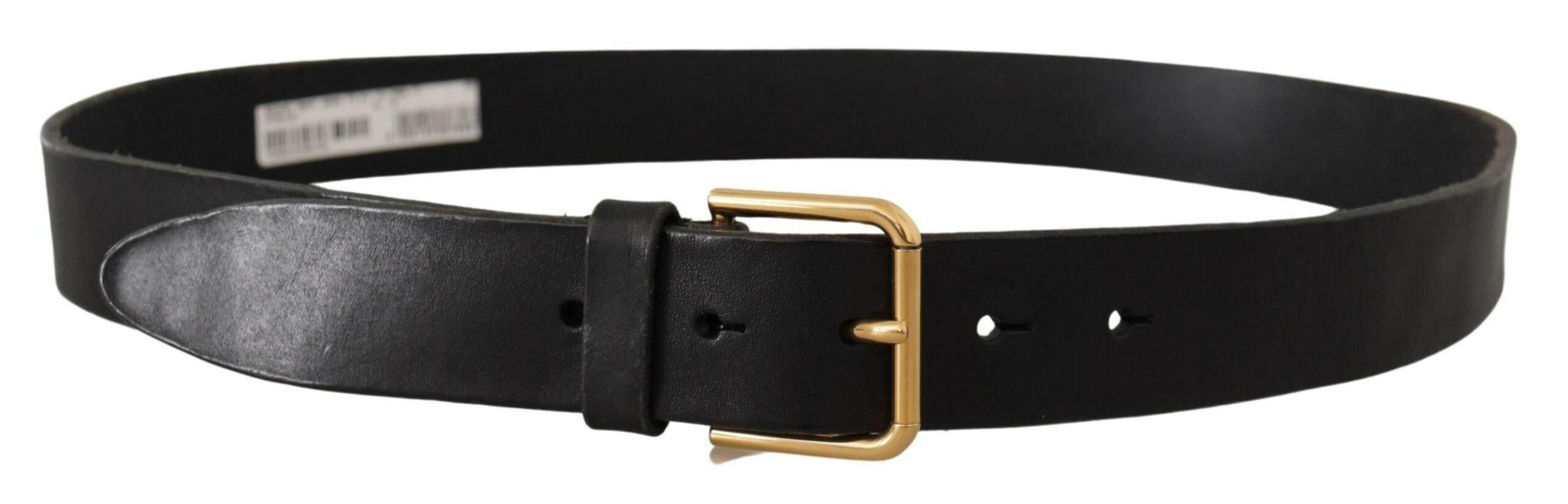 Dolce & Gabbana Black Leather Gold Tone Logo Metal Buckle Belt - Hilstor