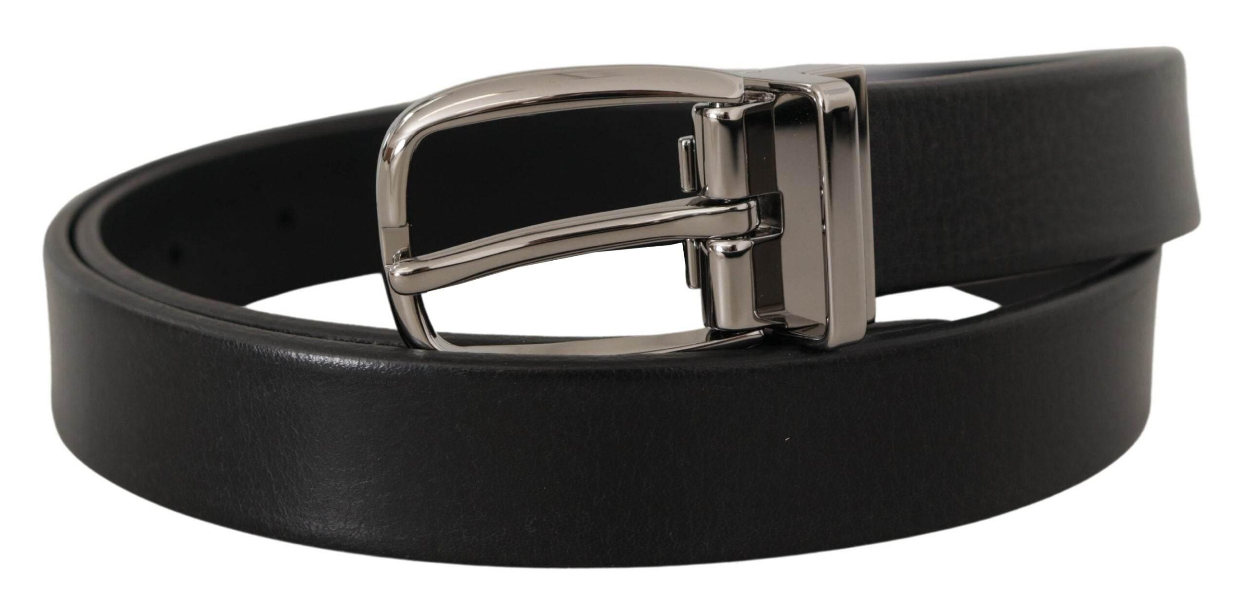 Dolce & Gabbana Black Leather Silver Chrome Metal Logo Buckle Belt - Hilstor
