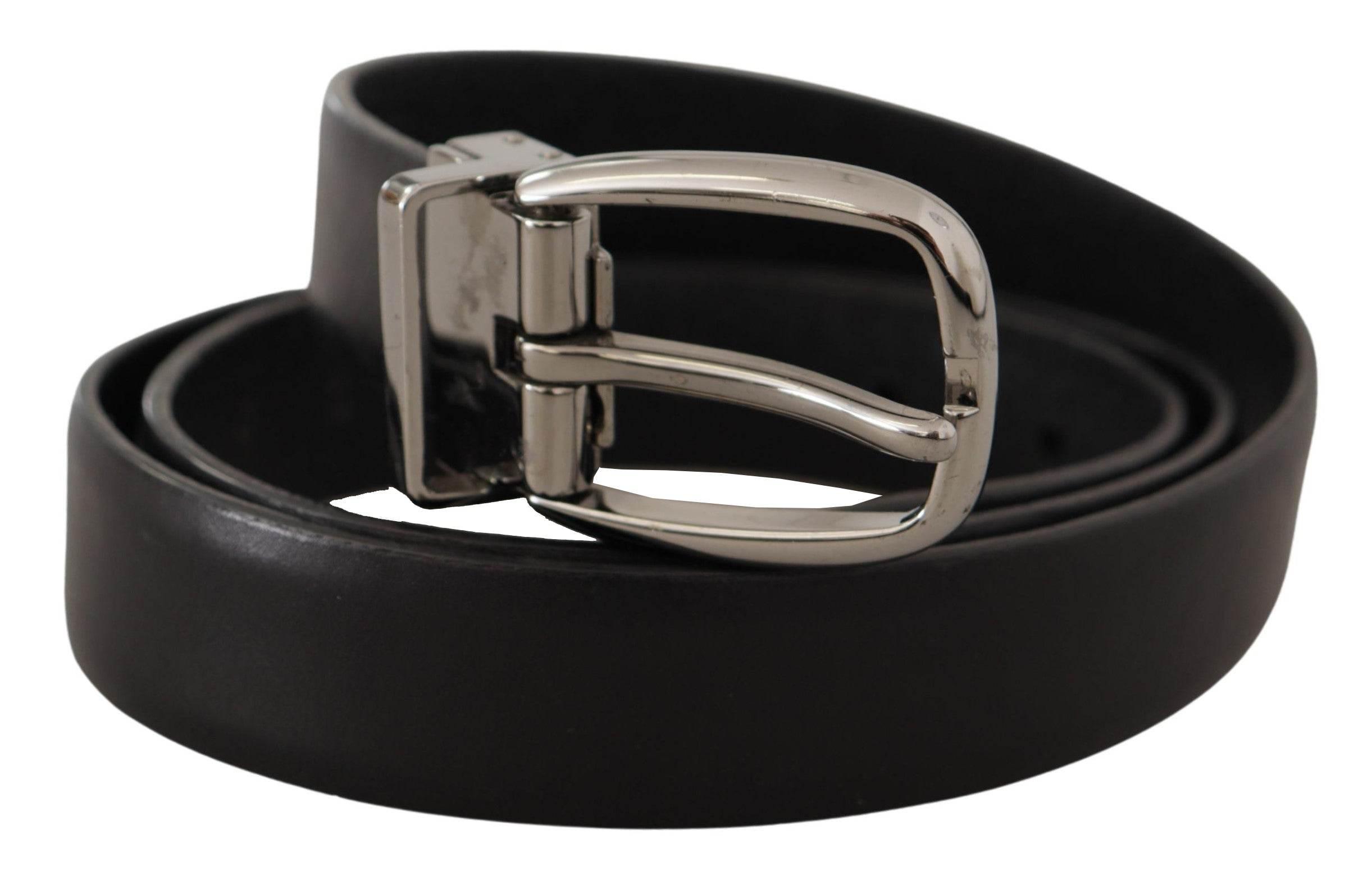 Dolce & Gabbana Black Leather Chrome Logo Metal Buckle Belt - Hilstor
