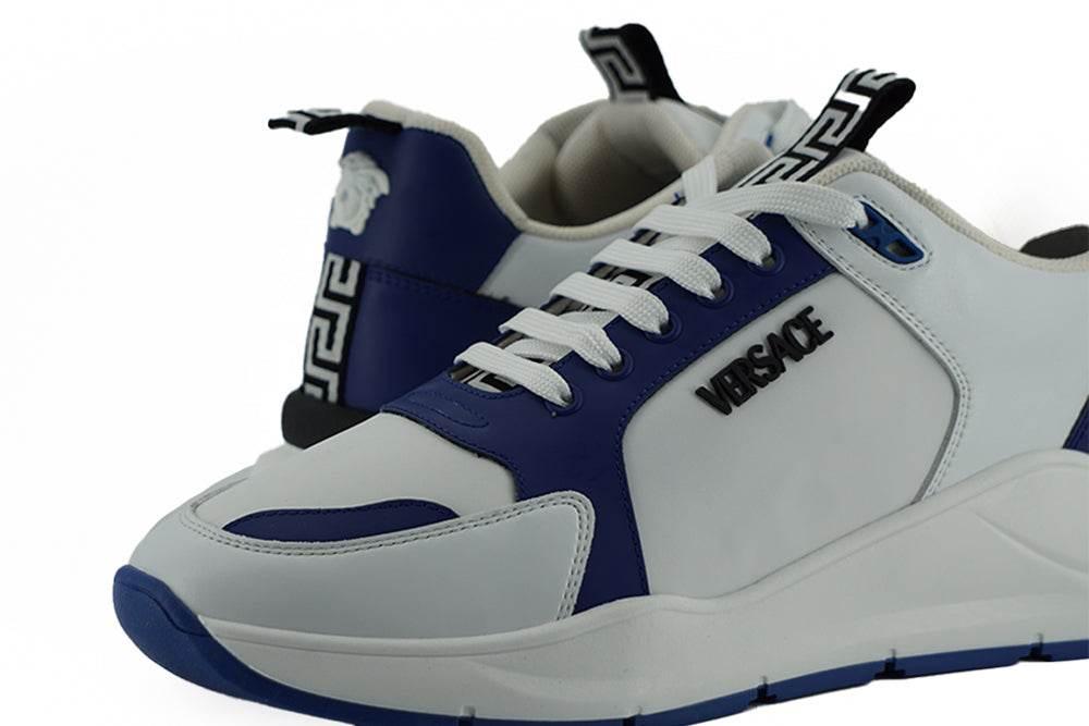 Versace Elegant Blue and White Leather Sneakers - Hilstor