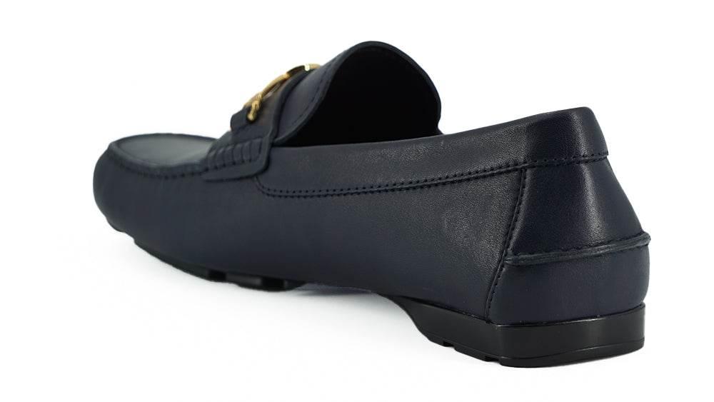 Versace Elegant Navy Blue Calf Leather Loafers - Hilstor