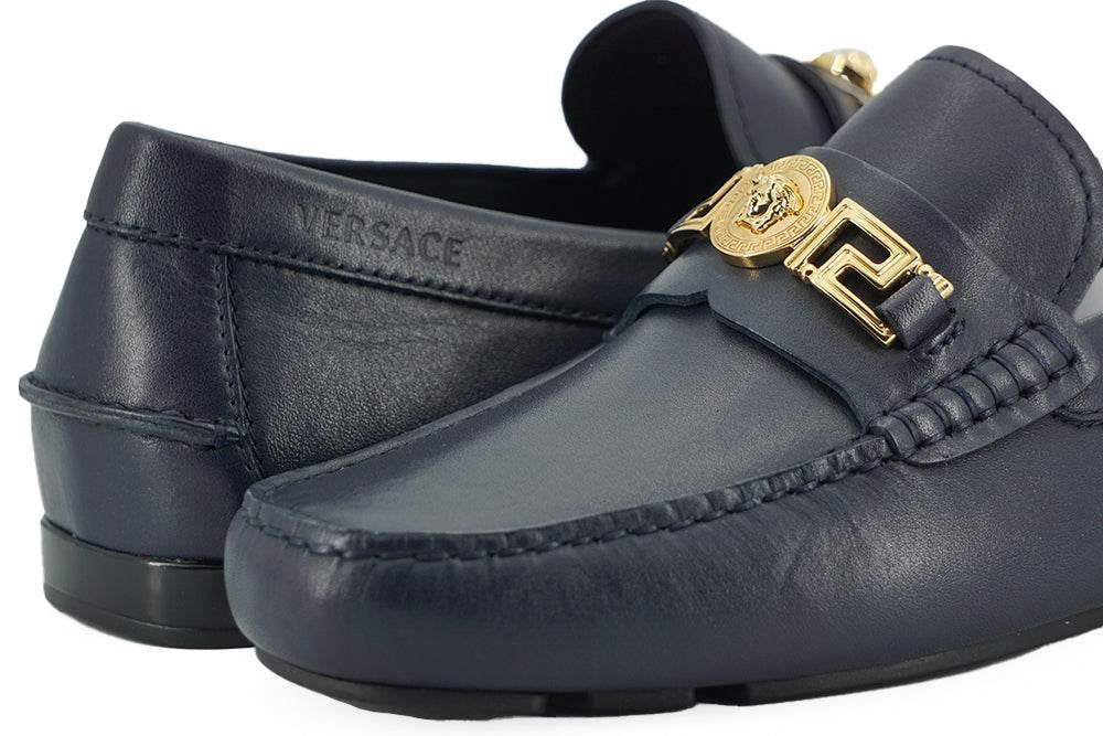 Versace Elegant Navy Blue Calf Leather Loafers - Hilstor