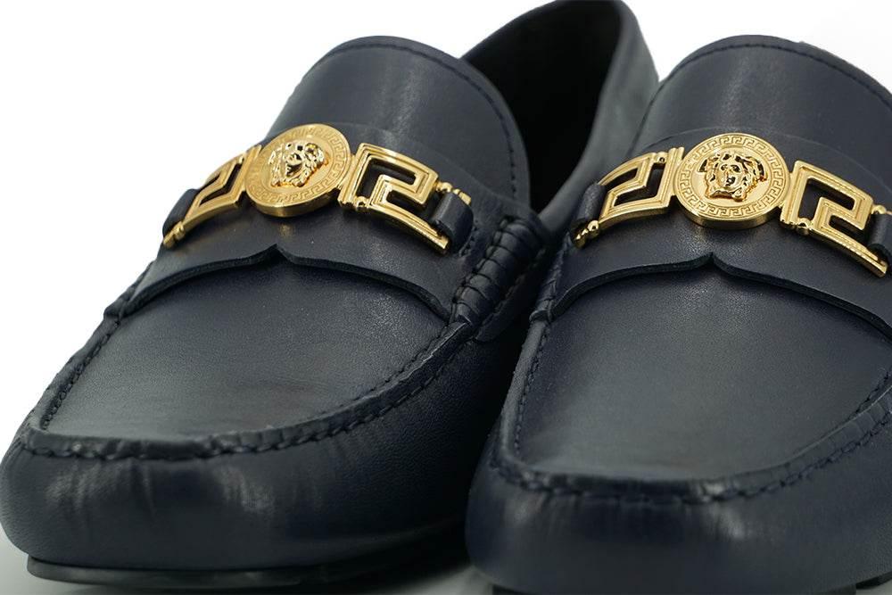 Versace Elegant Navy Blue Calf Leather Loafers - Hilstor