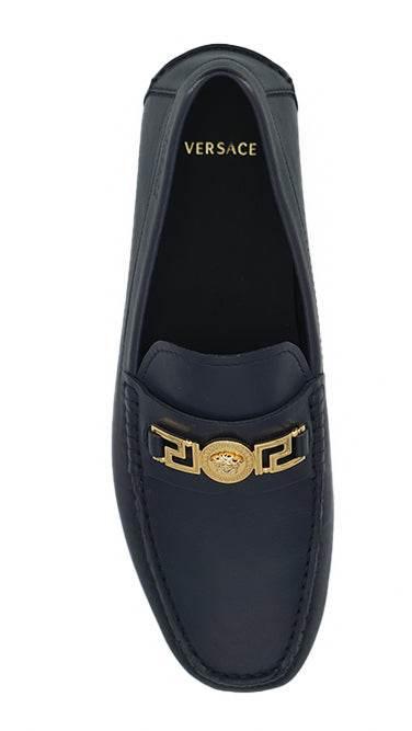 Versace Elegant Navy Blue Calf Leather Loafers - Hilstor