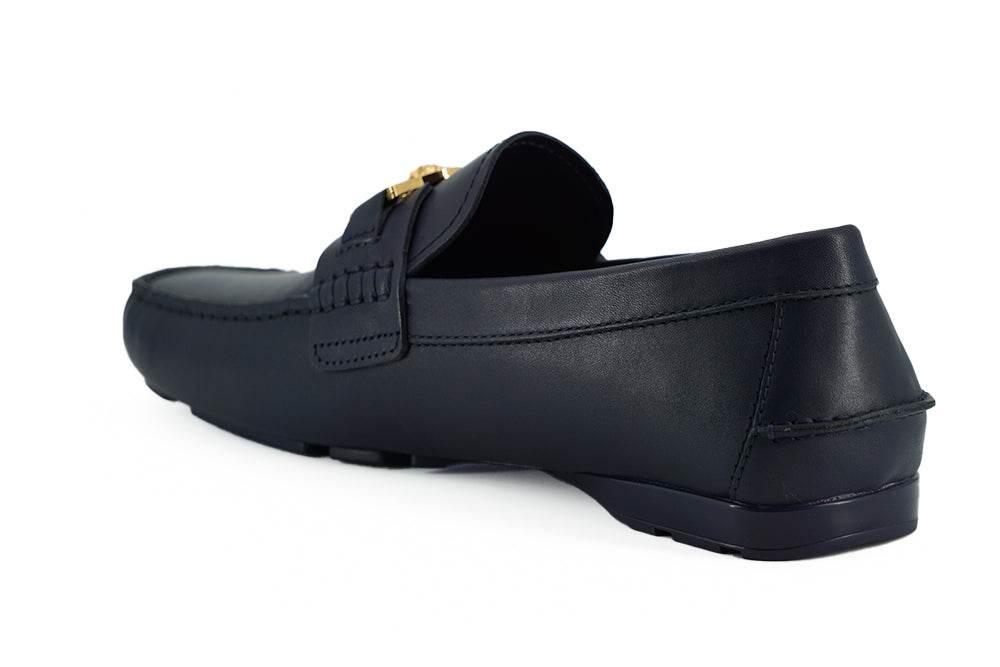 Versace Elegant Navy Blue Calf Leather Loafers - Hilstor