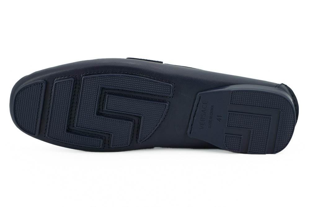 Versace Elegant Navy Blue Calf Leather Loafers - Hilstor
