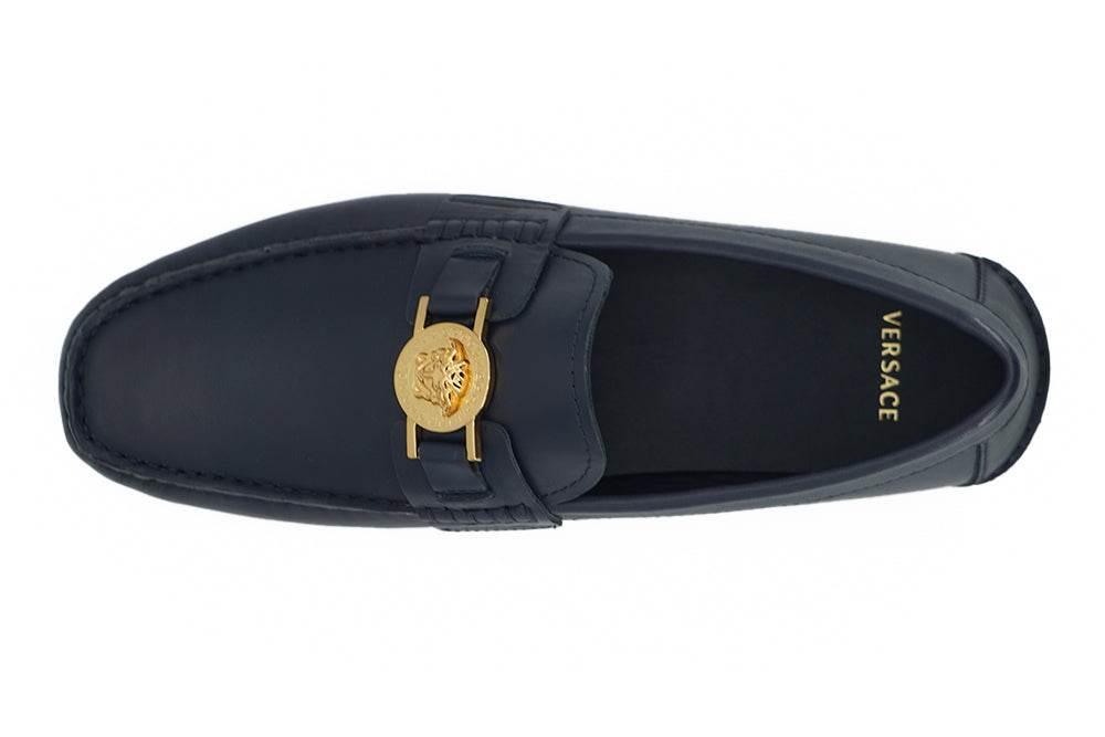 Versace Elegant Navy Blue Calf Leather Loafers - Hilstor