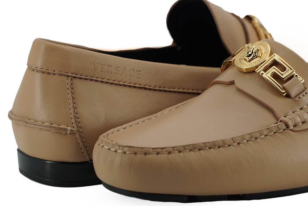 Versace Exquisite Medusa Gold-Tone Leather Loafers - Hilstor