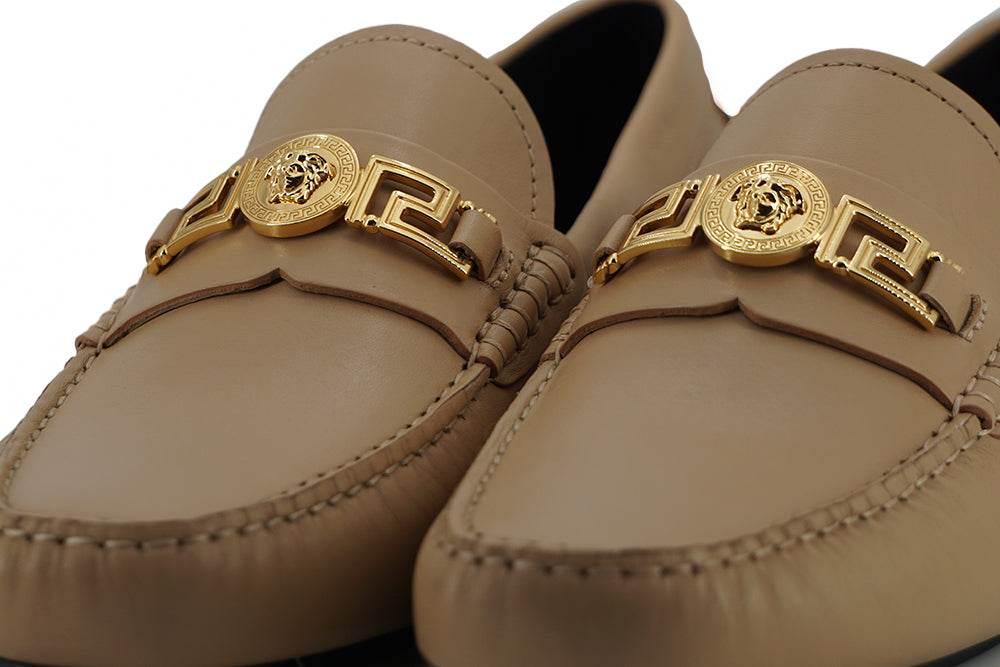 Versace Exquisite Medusa Gold-Tone Leather Loafers - Hilstor